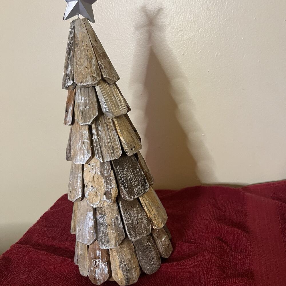 Christmas Handcrafted Tabletop Tree 14 Inches Rustic Wood With Silver Accents - Picture 2 of 9